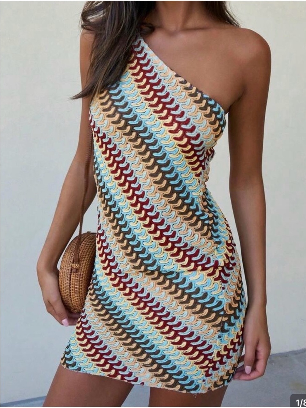 One-Shoulder Multicolor Crochet Mini Dress